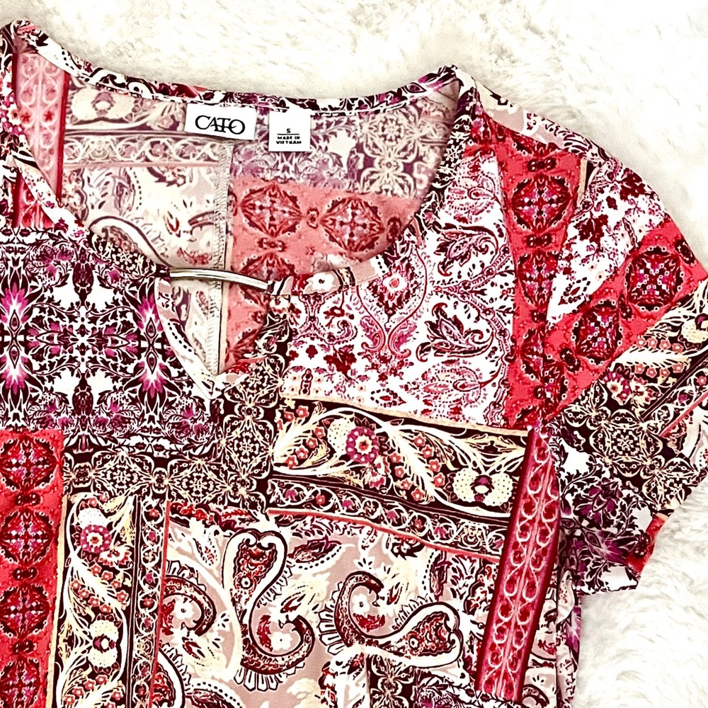 Cato Pink and Cream Paisley Patchwork Shark-bite Tunic  (Small)